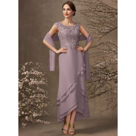 A-line Scoop Asymmetrical Chiffon Lace Mother of the Bride Dress With Cascading Ruffles