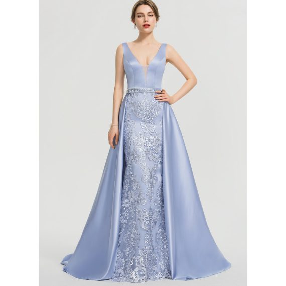 Sheath/Column V-Neck Sweep Train Lace Satin Evening Dress With Beading Sequins