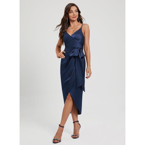 Sheath/Column V-neck Asymmetrical Polyester Cocktail Dress With Pleated