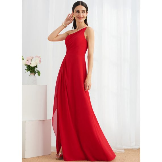 A-Line One-Shoulder Floor-Length Chiffon Bridesmaid Dress With Ruffle Split Front