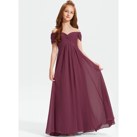 A-Line Off-the-Shoulder Floor-Length Chiffon Junior Bridesmaid Dress