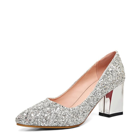 Women's Glitter High Heel Block Heel Closed Toe
