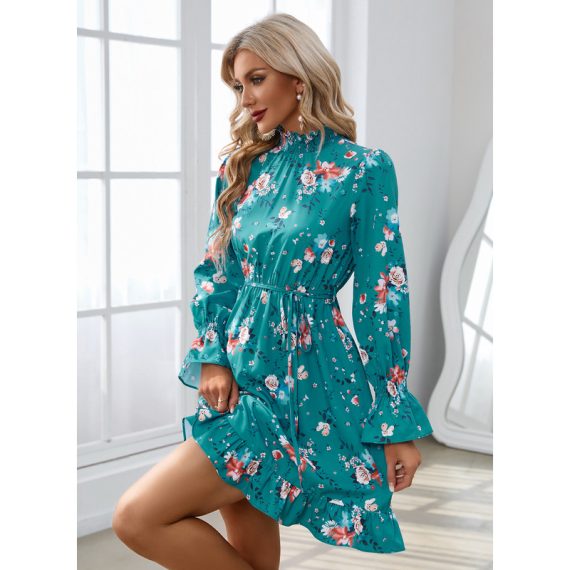 Floral Print Ruffled collar Long Sleeves Elegant A-line Polyester Dresses