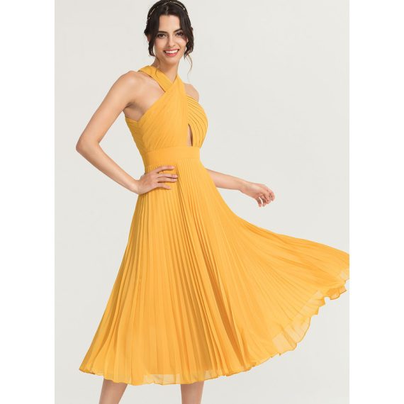 A-Line V-neck Tea-Length Chiffon Cocktail Dress With Pleated