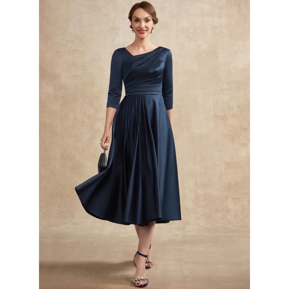 A-line V-Neck Tea-length Satin Mother of the Bride Dress With Ruffle