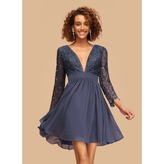 A-Line V-neck Short/Mini Chiffon Lace Homecoming Dress