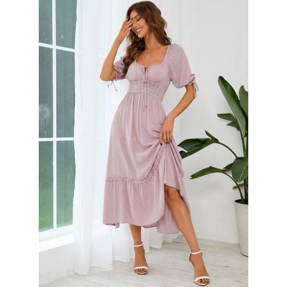 Square Neck Short Sleeves Elegant A-line Cotton Midi Dresses