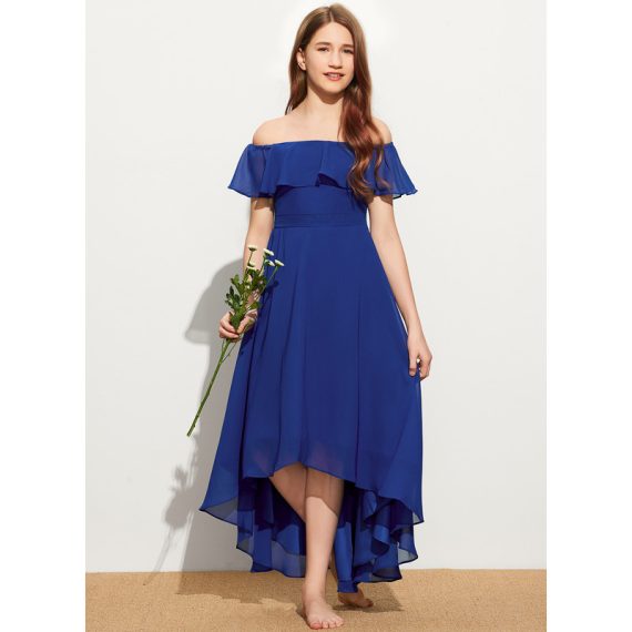 A-Line Off-the-Shoulder Asymmetrical Chiffon Junior Bridesmaid Dress With Cascading Ruffles