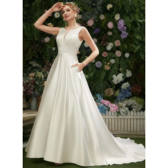 A-Line Scoop Neck Court Train Satin Wedding Dress