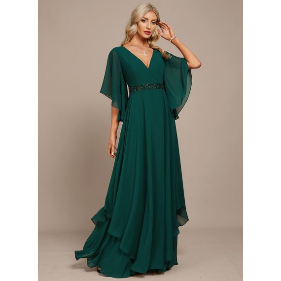 A-line V-Neck Floor-Length Chiffon Mother of the Bride Dress With Beading Appliques Lace Sequins