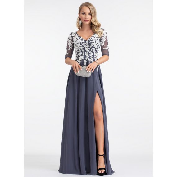A-Line V-neck Floor-Length Chiffon Lace Prom Dresses