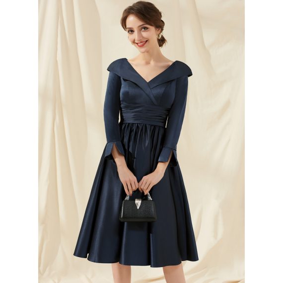 A-Line V-neck Knee-Length Satin Cocktail Dress With Ruffle
