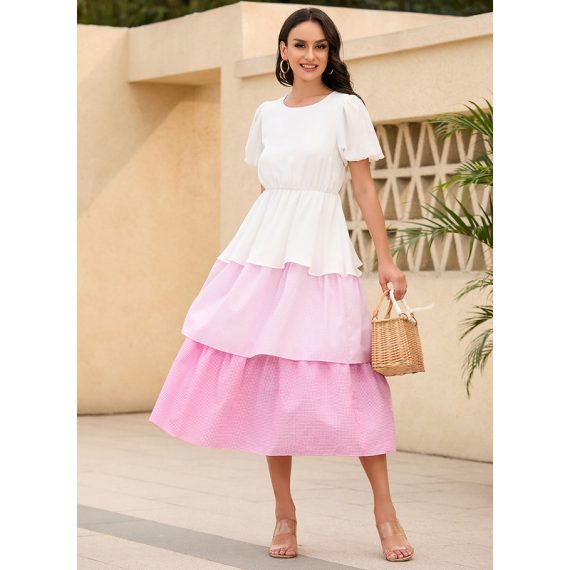 Round Neck Short Sleeves Casual A-line Cotton Midi Dresses