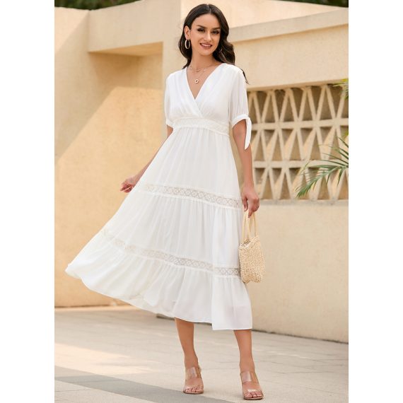 V-Neck Short Sleeves Elegant A-line Chiffon Midi Dresses
