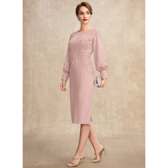 Sheath/Column Scoop Knee-length Chiffon Lace Mother of the Bride Dress With Beading Sequins