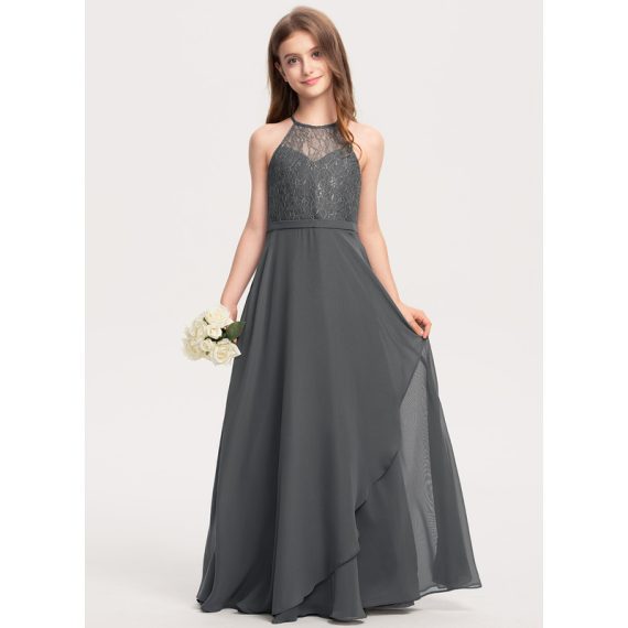A-Line Halter Floor-Length Chiffon Lace Junior Bridesmaid Dress With Cascading Ruffles