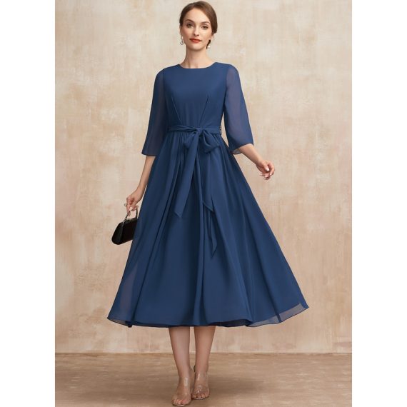 A-Line Scoop Tea-Length Chiffon Cocktail Dress With Ruffle Bow(s)