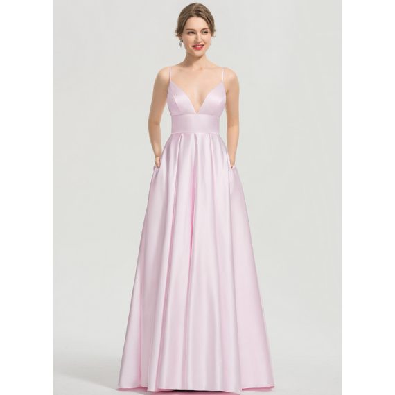 A-line V-Neck Floor-Length Satin Evening Dress