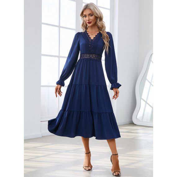 Hollow-out V-Neck Long Sleeves Elegant A-line Polyester Midi Dresses