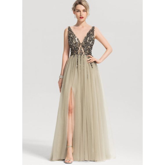 A-Line V-neck Floor-Length Tulle Prom Dresses With Beading Sequins