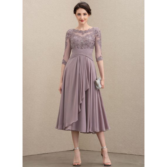 A-line Scoop Tea-length Chiffon Lace Mother of the Bride Dress With Cascading Ruffles