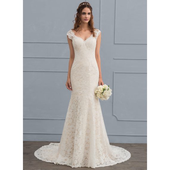 Trumpet/Mermaid V-neck Court Train Lace Wedding Dress
