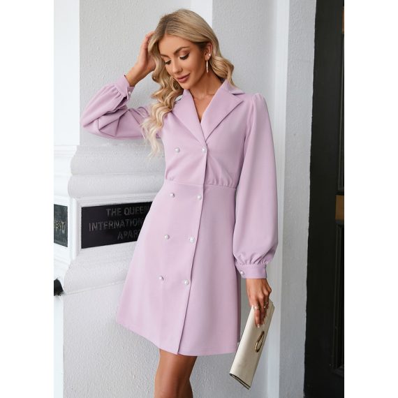 Button Suit Collar Long Sleeves Elegant Sheath Cotton Blends Mini Dresses