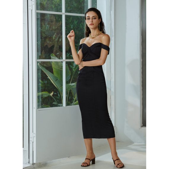 Off the Shoulder Sleeveless Sexy Bodycon Stretch Crepe Midi Dresses