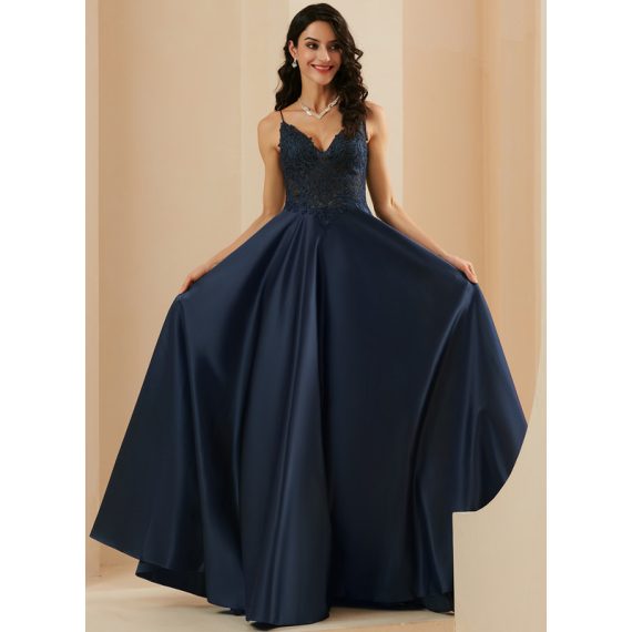 A-Line V-neck Floor-Length Lace Prom Dresses