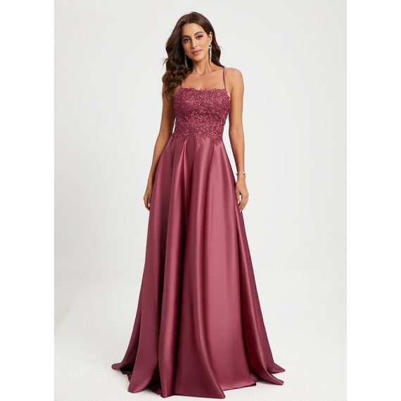 A-line Square Sweep Train Satin Prom Dresses With Beading Sequins