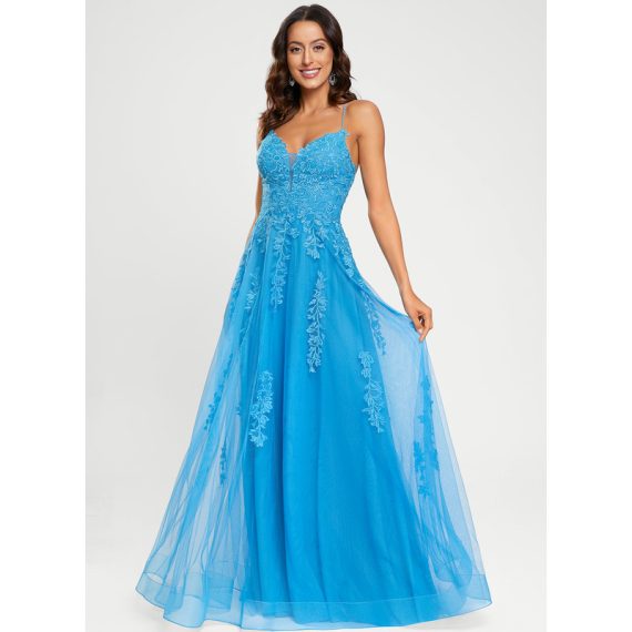 A-line V-Neck Floor-length Tulle Prom Dresses