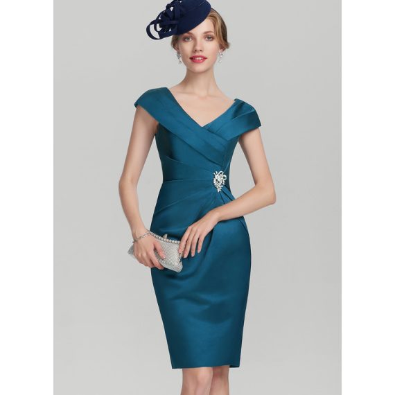 Sheath/Column V-Neck Knee-length Satin Cocktail Dress With Beading Ruffle