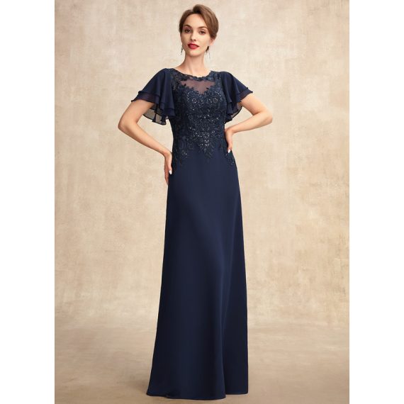 A-line Scoop Illusion Floor-Length Chiffon Lace Evening Dress With Sequins