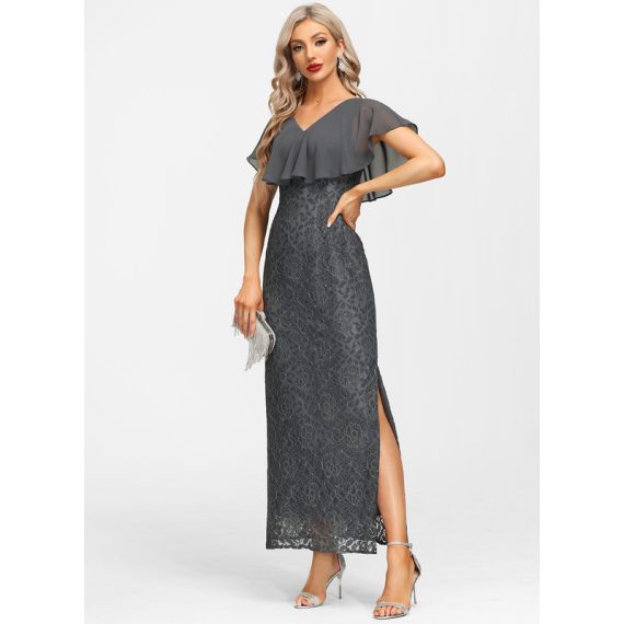 Sheath/Column V-neck Ankle-Length Chiffon Lace Evening Dress