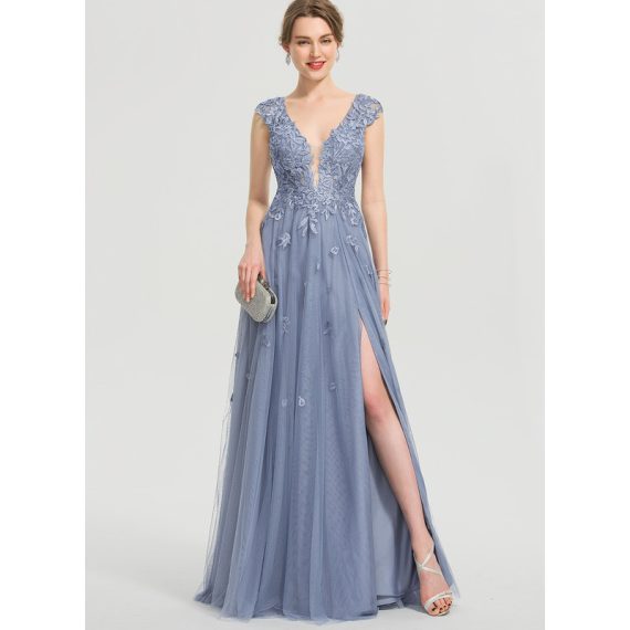 A-Line V-neck Floor-Length Tulle Lace Prom Dresses With Sequins