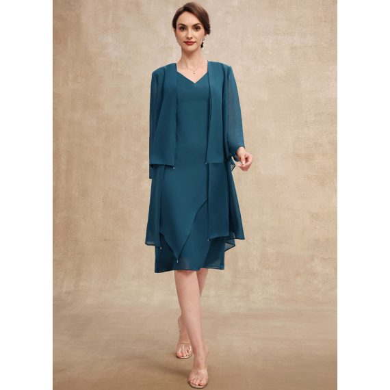Sheath/Column V-neck Knee-Length Chiffon Mother of the Bride Dress