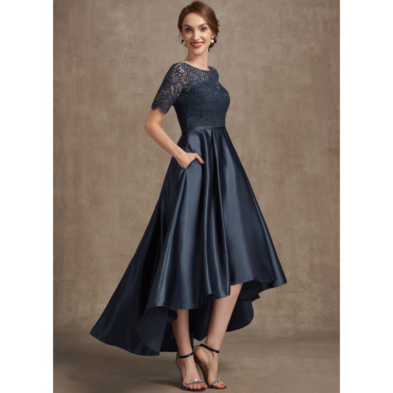 A-line Scoop Illusion Asymmetrical Lace Satin Mother of the Bride Dress