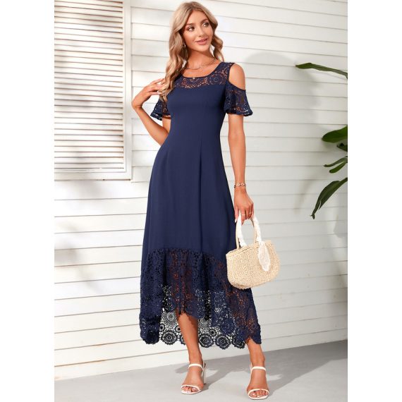 Round Neck Short Sleeves Vacation A-line Polyester Midi Dresses
