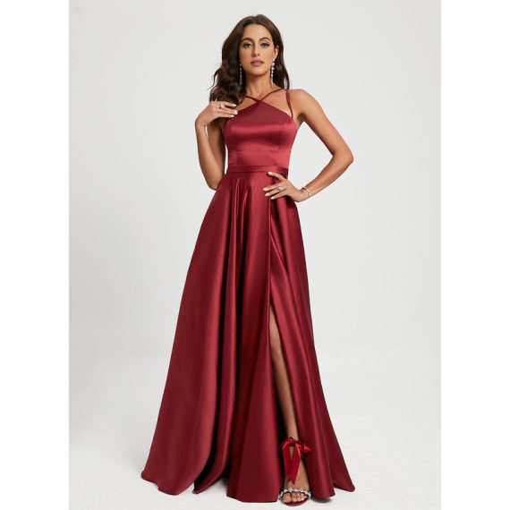 A-line Halter Floor-Length Satin Prom Dresses