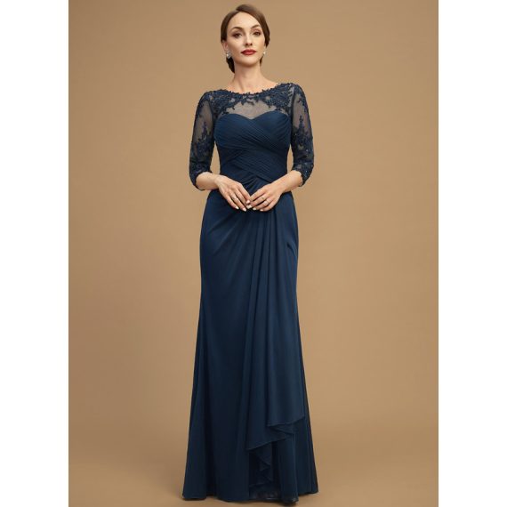 Sheath/Column Boat Neck Illusion Floor-Length Chiffon Lace Mother of the Bride Dress With Beading Cascading Ruffles Sequins