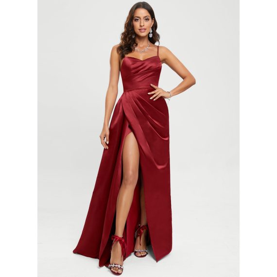 A-line V-Neck Floor-length Satin Prom Dresses