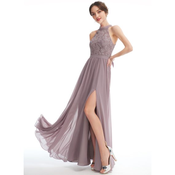 A-Line Halter Floor-Length Chiffon Lace Bridesmaid Dress With Split Front