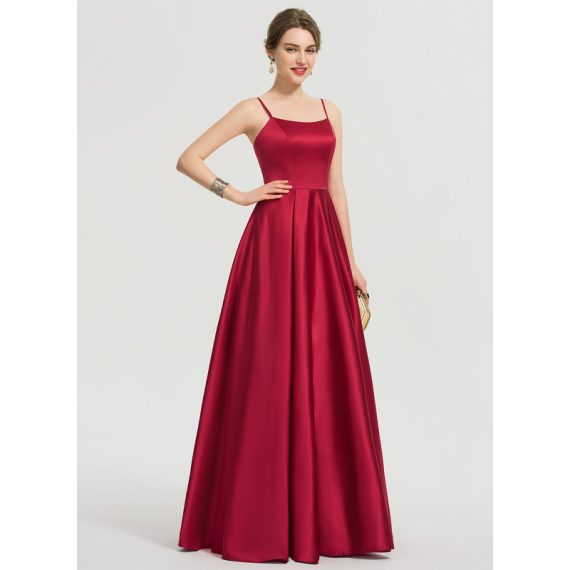 A-line Square Floor-Length Satin Bridesmaid Dress