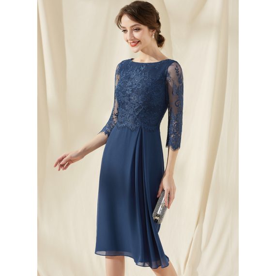 Sheath/Column Scoop Neck Knee-Length Chiffon Lace Cocktail Dress With Ruffle