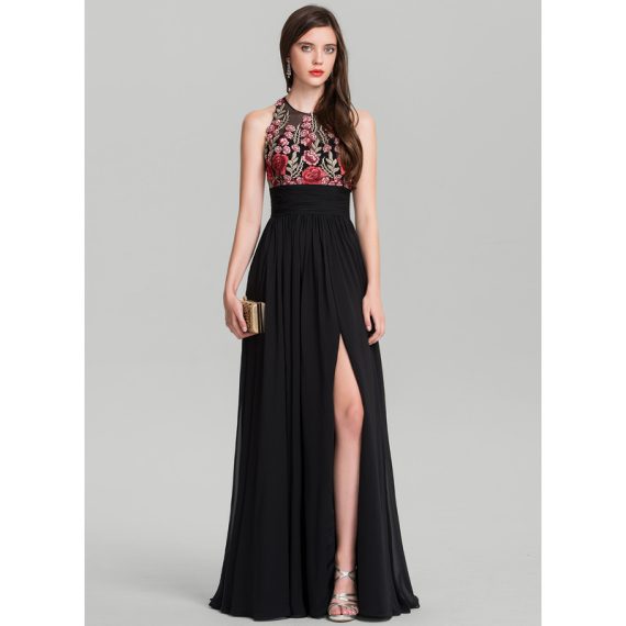 A-Line Scoop Illusion Floor-Length Chiffon Lace Evening Dress