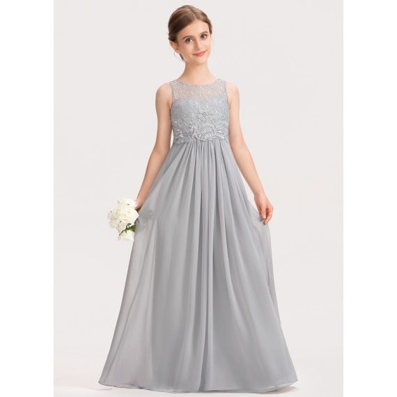 A-Line Scoop Floor-Length Chiffon Lace Junior Bridesmaid Dress