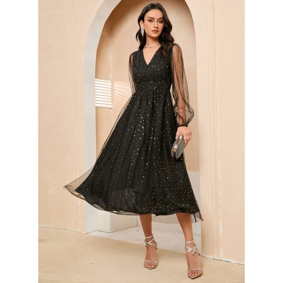 V-Neck Long Sleeves Elegant A-line Tulle Midi Ankle-Length Dresses