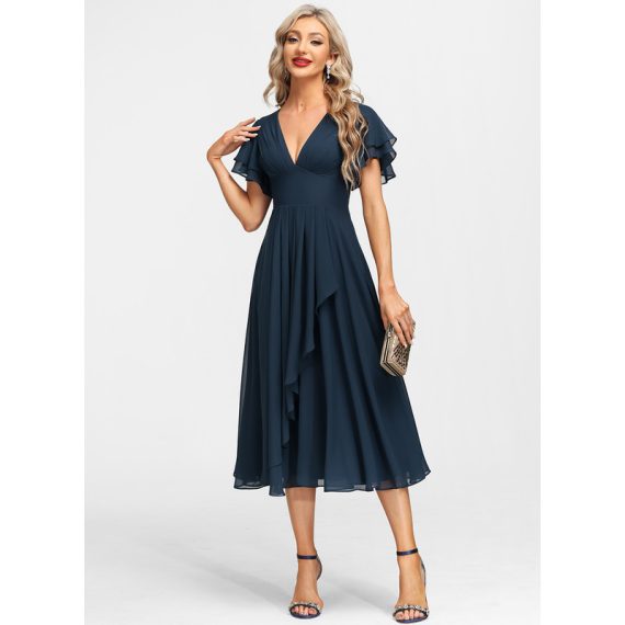 A-Line V-neck Tea-Length Chiffon Evening Dress With Cascading Ruffles