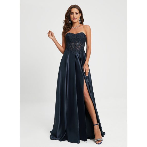 A-Line Sweetheart Sweep Train Satin Lace Prom Dresses