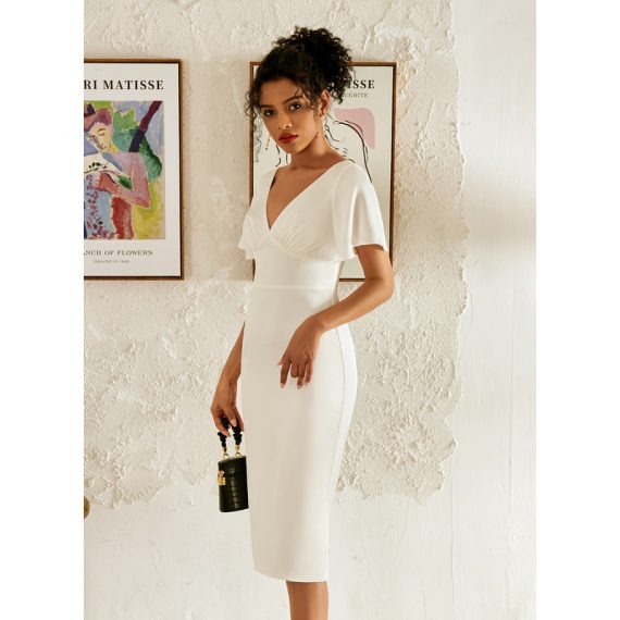 V-Neck Short Sleeves Elegant Bodycon Cotton Blends Midi Dresses
